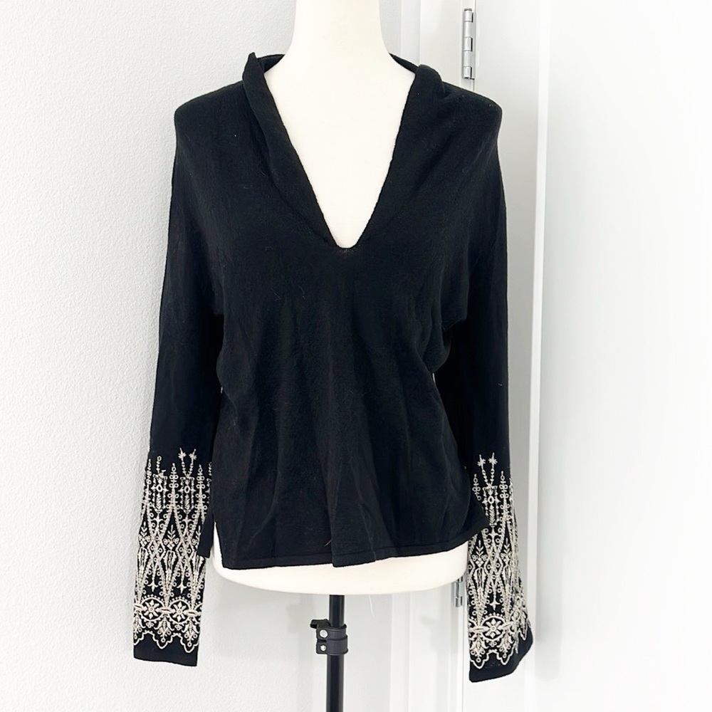 J. Jill Black Cowlneck Sweater with Cream Embroidered Cuffs